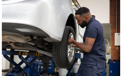 Technician performing tire rotation